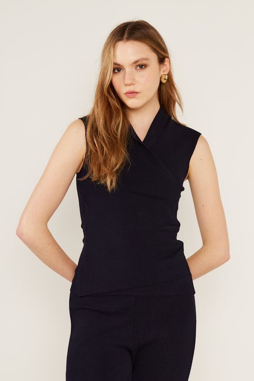 Blusa Tricot Transpassada - Azul Escuro