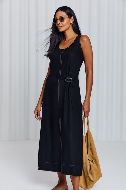 Vestido Casual Linho Fivela - Preto