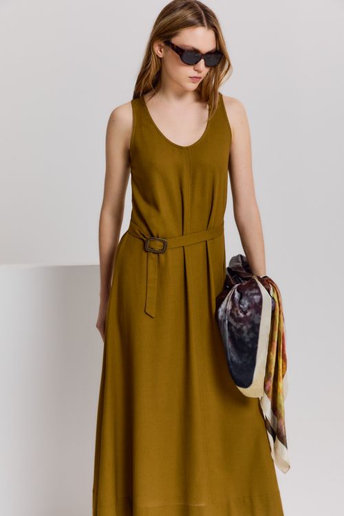 Vestido Casual Linho Fivela - Caramelo Queimado