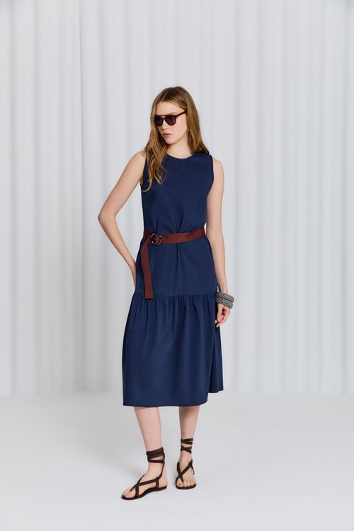 Vestido Casual Cinto Fivela - Azul Escuro