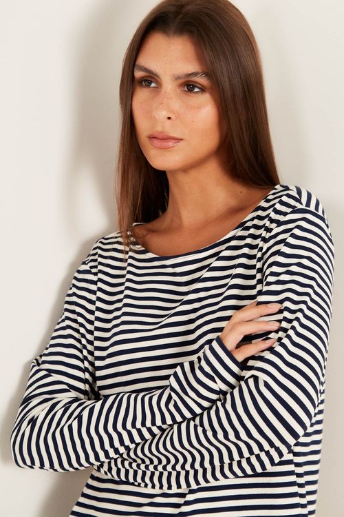 Blusa Malha Manga Longa Listrada - Listra Off/Marinho