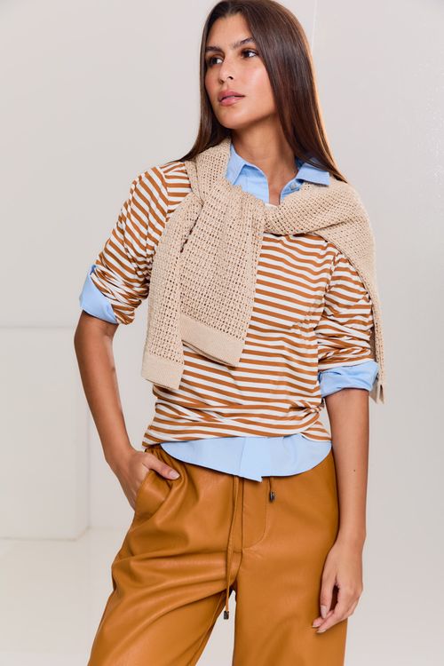 Blusa Malha Manga Longa Listrada - Listra Off/Mostarda