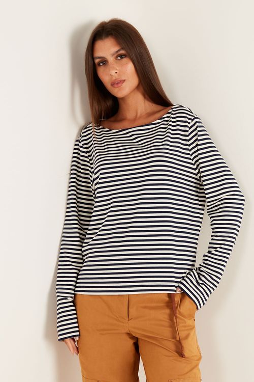 Blusa Malha Manga Longa Listrada - Listra Off/Marinho
