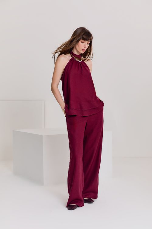 Calça Casual Linho Elástico - Cereja