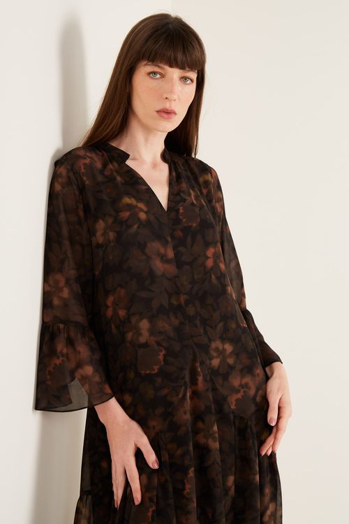 Vestido Manga Estampa Jardim Black - Est Jardim Black