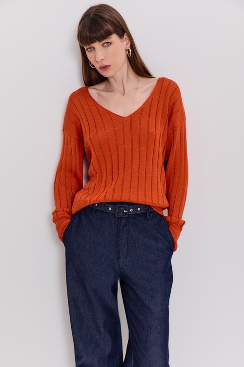 Blusa Tricot Manga Longa Decote v - Orange