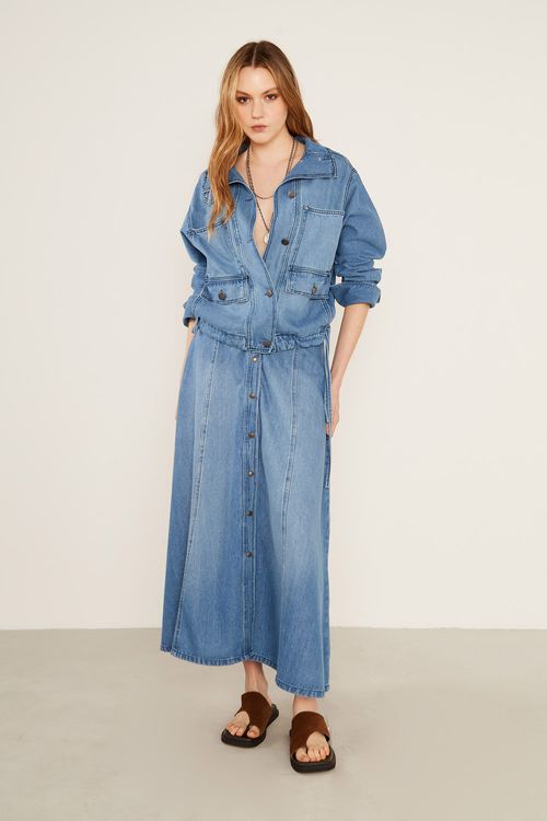 Saia Jeans Midi Botões - Jeans