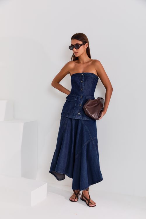 Saia Midi Jeans Recortes - Jeans