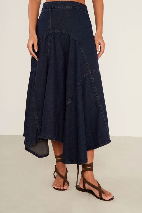 Saia Midi Jeans Recortes - Jeans