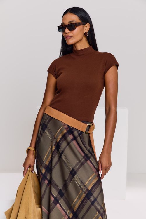 Blusa Canelada Gola Alta - Marrom Mascavo