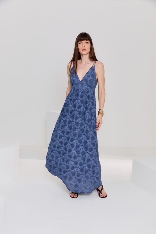 Vestido Longo Bordado Naoma - Azul Indie