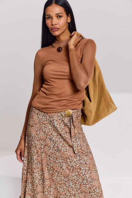 Blusa Malha Tule Manga Longa - Camelo