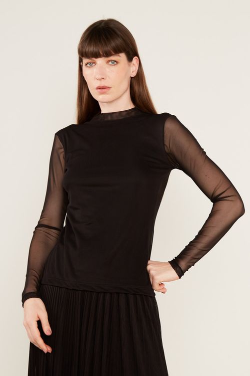 Blusa Malha Tule Manga Longa - Preto