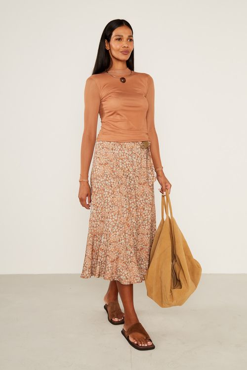 Blusa Malha Tule Manga Longa - Camelo