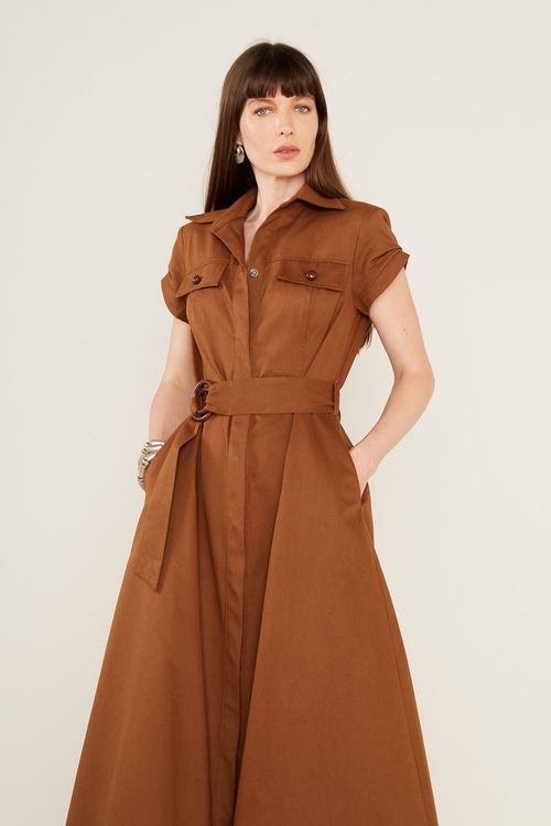 Vestido Alfaiataria Chemise - Marrom Mascavo