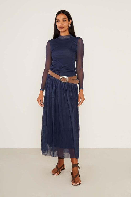 Saia Malha Tule Plissada - Azul Escuro