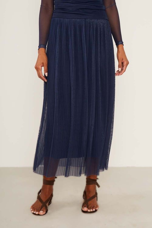 Saia Malha Tule Plissada - Azul Escuro