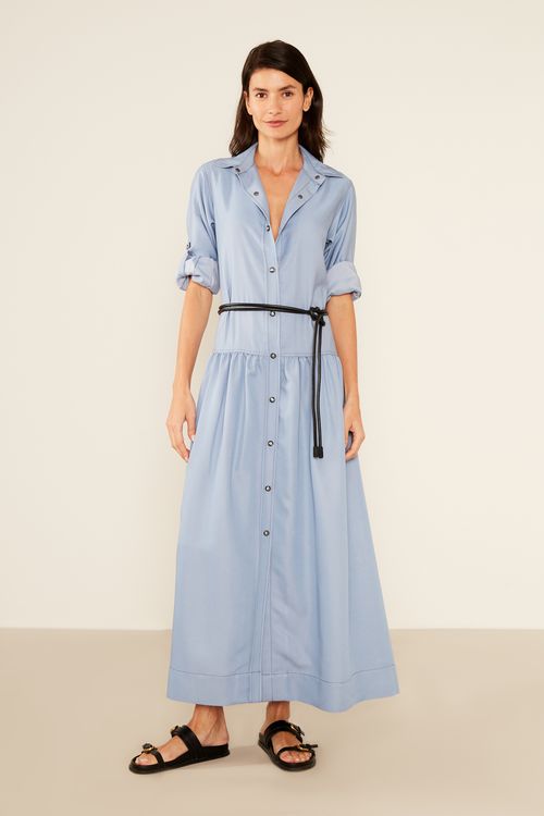 Vestido Chemise Franzido - Azul Ceu