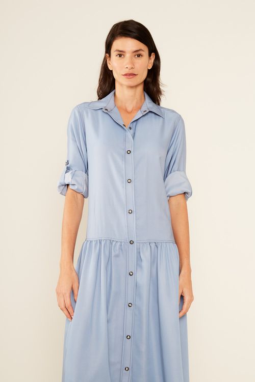 Vestido Chemise Franzido - Azul Ceu