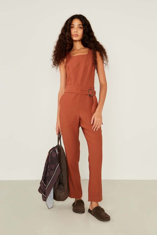 Macacão Casual Decote Quadrado - Marrom Mascavo