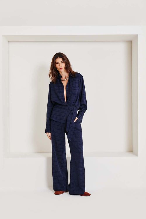 Calça Casual Textura Xadrez - Azul Escuro
