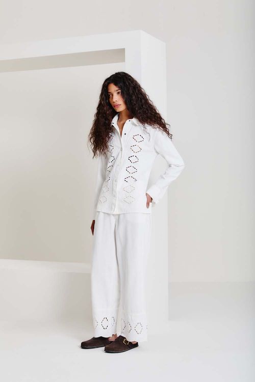 Calça Sarja Bordado - Off White
