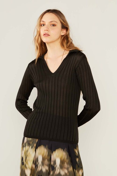 Polo Tricot Manga Longa - Preto