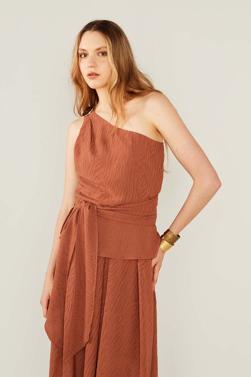 Blusa Devore Um Ombro - Marrom Mascavo