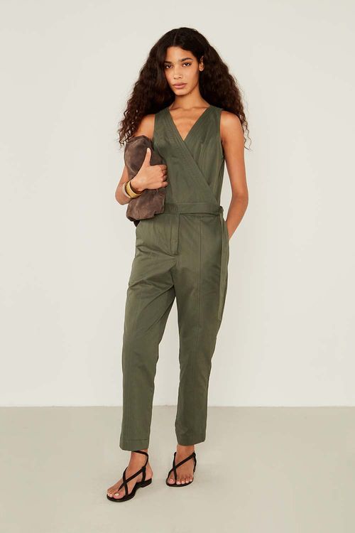 Macacão Casual Transpasse Pespontos - Verde Militar