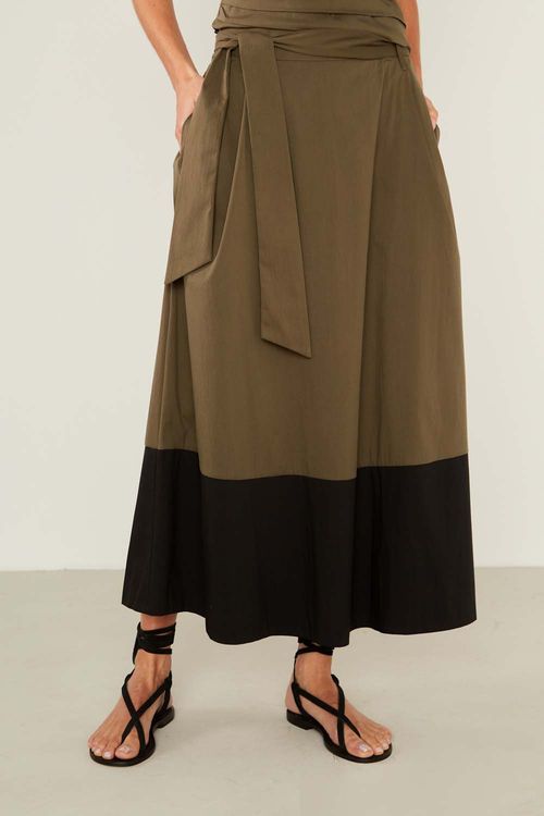 Saia Casual Bicolor Com Faixa - Verde Militar