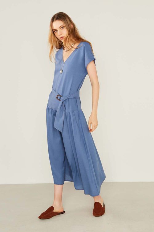 Vestido Casual Linho Com Fivela - Azul Indie