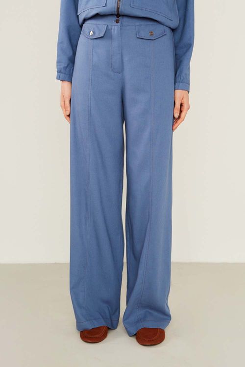 Calça Casual Linho Bolso Frente - Azul Indie