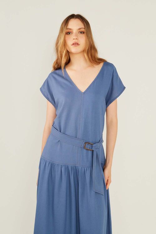 Vestido Casual Linho Com Fivela - Azul Indie