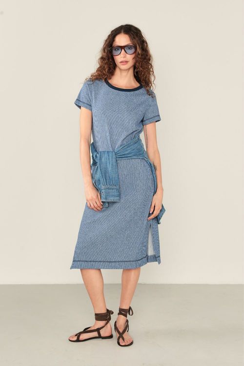 Vestido Manga Malha Listras - Listrado Azul