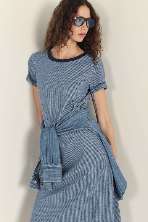 Vestido Manga Malha Listras - Listrado Azul