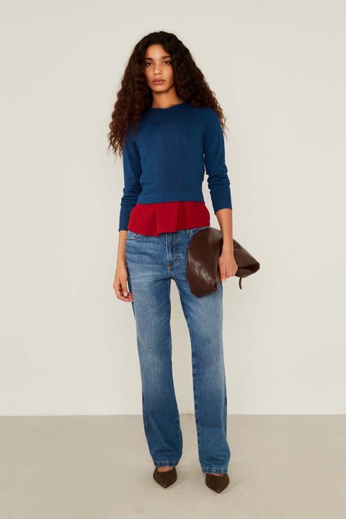 Blusa Malha Manga Longa Tricot - Azul Escuro