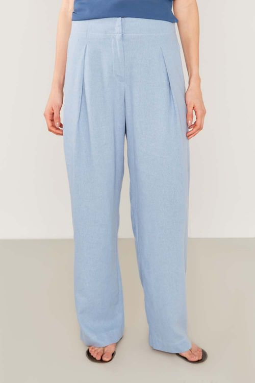 Calça Casual Linho Pregas - Azul Sea