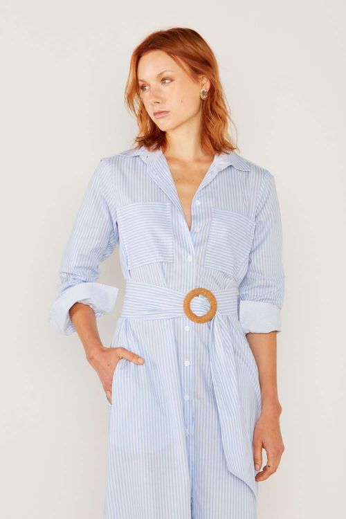 Chemise Casual Listra e Cinto - Listras
