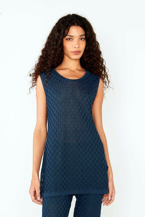 Regata Tricot Quadradinhos - Azul Navy