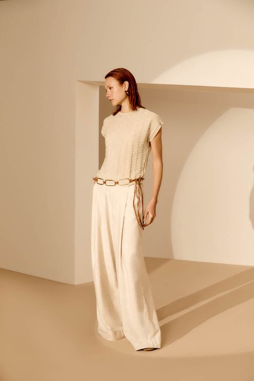 Calça Pantalona Pregas - Cru
