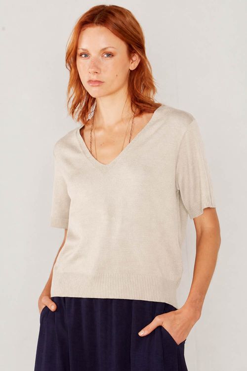Blusa Tricot Decote v - Areia
