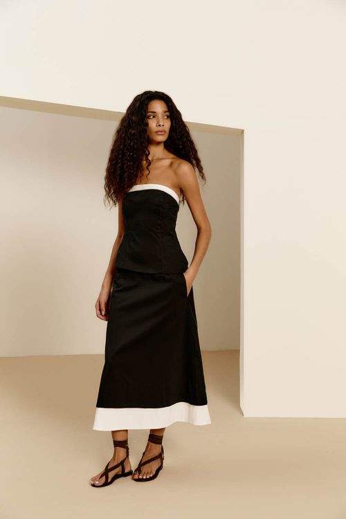 Saia Casual Bicolor Pesponto - Preto