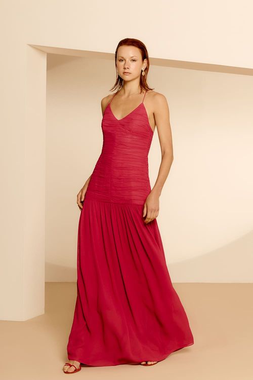 Vestido Longo Drapeado Alça - Magenta