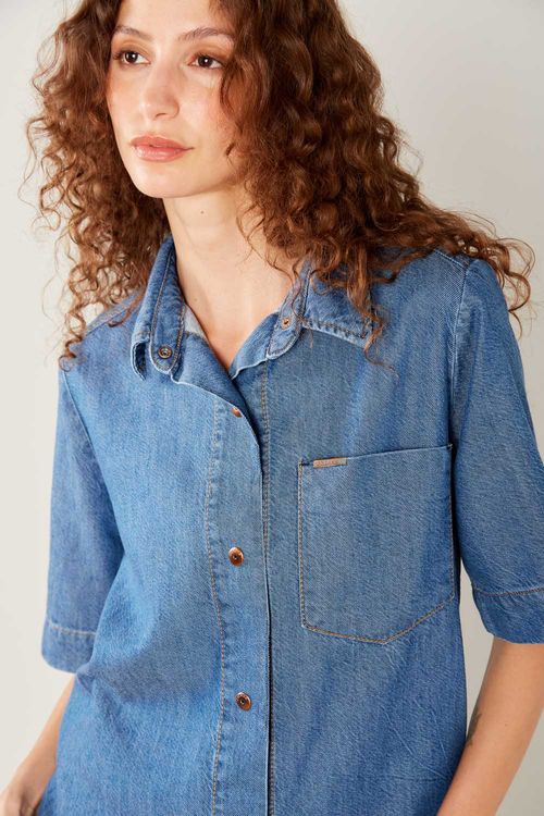 Camisa Jeans Manga Curta - Jeans