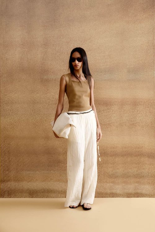 Calça Casual Cinto Com Ponteiras - Areia