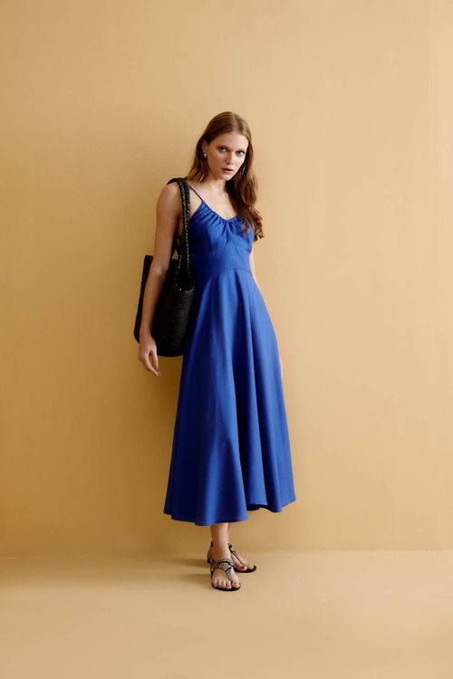 Vestido Casual Linho Transpassado - Azul Vibrante